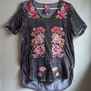 Johnny Was Gray Velvet Tunic with Pink Floral Embroidery